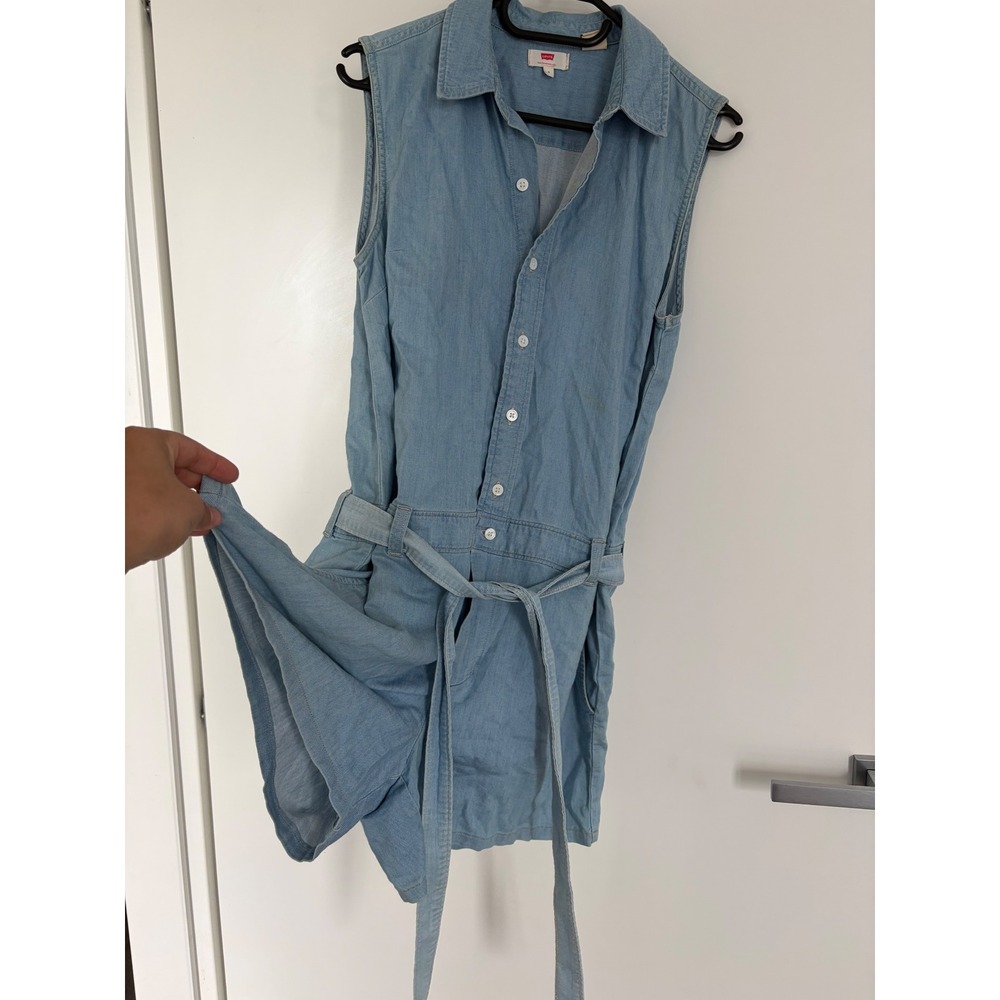 Levis Womens Light Wash Denim Sleeveless Button Front Romper Tie Waist Small